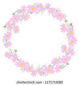 Flower wreath with delicate pink flowers on a white isolated background. To decorate the design of wedding and greeting cards. Vector illustration.
