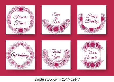 flower wreath design and floral frame design with elegant flowers border of wedding invitation card. viva magenta background of decorative round floral frame made of blooming flower hand drawn element