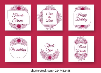 flower wreath design and floral frame design with elegant flowers border of wedding invitation card. viva magenta background of decorative round floral frame made of blooming flower hand drawn element