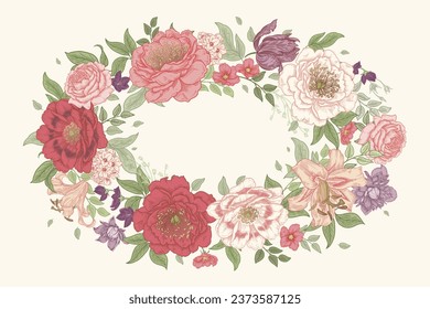 Flower wreath. Floral wedding garland. Luxurious garden blooming flowers peonies, roses and tulips. Template for wedding decor. Vector botanical illustration. Vintage.