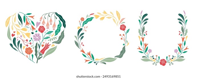 Flower wreath frame illustration. Floral, leaf abstract vector decoration.