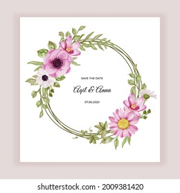 flower wreath frame with pink flowers and greenery leaf watercolor