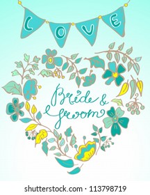 flower wreath with hand drawn text- bride and groom and flags, vector