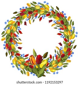 Flower wreath isolated on white background. Endless pattern with tulips for design of invitations, cards, gift boxes and more.