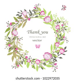 Flower wreath with leaves and flowers. Vector. The design of the invitation. Background for save the dates. Romantic wild flowers with pink roses.

