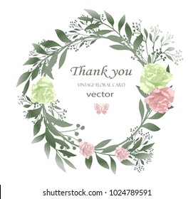 Flower wreath with leaves and flowers. Vector. The design of the invitation. Background for save the dates. Romantic wild flowers with pink roses.