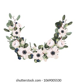 Flower wreath with leaves and flowers. Vector. The design of the invitation. Background for save the dates. Romantic wild flowers with pink anemones, berries and dollar eucalyptus. 