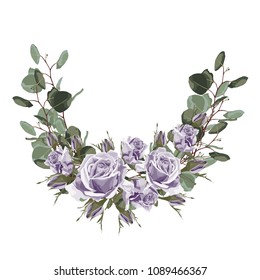 Flower wreath with leaves and flowers. Vector. The design of the invitation. Background for save the dates. Romantic circle with violet vintage roses and dollar eucalyptus. 