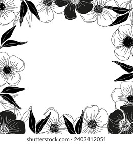 Flower wreath with leaves for wedding invite or card design Square vector background Beautiful hand drawn line art floral wreath. Elegant floral frame.