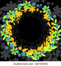 Flower wreath on a black background. Vector circle nature illustration
