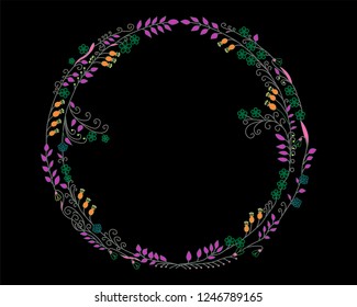 Flower wreath on a dark background. Flower wreath with flowers leaves and curlicues. Flower wreath with a green stroke.