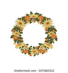 
Flower wreath on a white background. Flowers, stems and leaves are made in vintage style. Vector illustration.