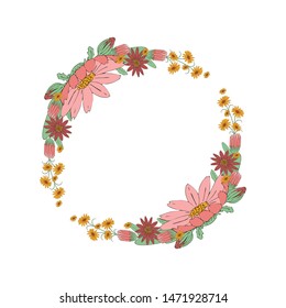 
Flower wreath on a white background. Flowers, stems and leaves are made in vintage style. Vector illustration.