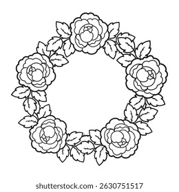 Flower wreath, outline drawing, coloring page, line art, rose wreath, peony wreath, vector, logo. Graphic ornament for postcard, invitation, tattoo