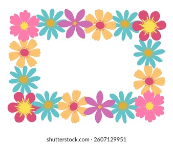 Flower wreath rectangular. Flower frame for text.  Border Colorful cute flowers hand drawn. Great for posters, cards, promotions, banners, greetings, print, birthday, invitations.