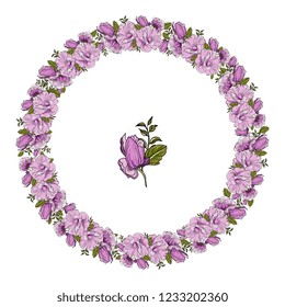 flower wreath, round frame Bouquet of  Mallow,roses lilac flower. Hand drawing.  Herbal artistic style illustration,Floral art design.