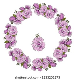 flower wreath, round frame Bouquet of  Mallow,roses lilac flower. Hand drawing.  Herbal artistic style illustration,Floral art design.