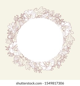 Flower wreath, round frame. Elegant border, hand drawing, sketch. Monochrome flowers, roses, chrysanthemums. For Spring,summer holidays,textiles,packaging,fabric,Greeting Cards