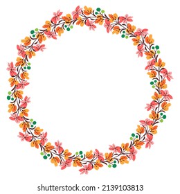 Flower wreath. Round flower wreath, pattern graphic design. Background with a bouquet of flowers in a circle. Vector illustration
