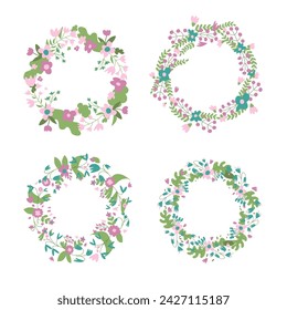Conjunto de corona de flores. Círculo de bordes de ramo. Marcos redondos florales aislados sobre fondo blanco. Decoración de primavera. Ilustración plana vectorial.