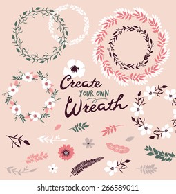 Flower wreath & set of flower elements, you can create your own wreath