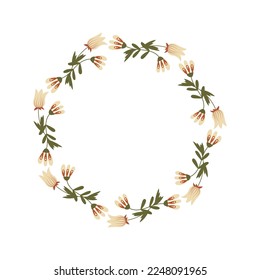Corona de flores, borde decorativo de primavera para foto o texto. Día de la mujer, marco natural festivo del día de la madre. Marco redondo floral. Elemento decorativo para la postal de Pascua o la invitación a la boda folclórica.