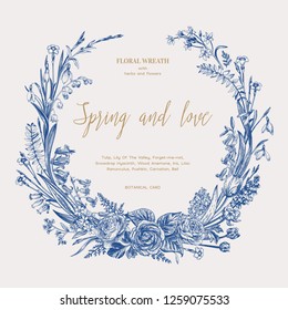 Flower wreath. Spring and summer. Botanical illustration. Vintage style. Wedding invitation. Blue.