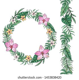 Flower wreath with tropical leaves,  plumeria and orchid. For wedding stationary, greetings, wallpapers, fashion, backgrounds, textures,wrappers, postcards, etc. 
Endless pattern brush.
