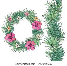 Flower wreath with tropical leaves, plumeria and hibiscus. For festive design, announcements, postcards, posters. Endless pattern brush.