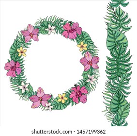 Flower wreath with tropical leaves, plumeria, hibiscus and orchid. For festive design, announcements, postcards, posters. Endless pattern brush with tropical leaves.