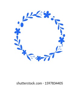 Flower wreath. Vector illustration frame. Blue color on a white background. Isolated.Design for invitation, wedding or greeting cards.