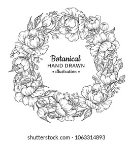 Flower wreath. Vintage vector frame drawing. Peony, rose, leaves and berry sketch. Engraved botanical bouquet. Hand drawn floral wedding invitation, label template, anniversary card.