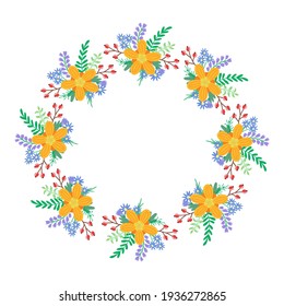 Flower wreath. Wild and meadow flowers, bluebells, daisies, grass, nettles, twigs. For textile, fabric, background, packaging paper, wallpaper, cloth, ceramics.