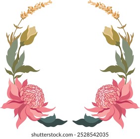 Coronas de flores, colección de flores silvestres del prado que florecen aisladas en el fondo blanco. Conjunto de Elementos de diseño florales decorativos. Ilustración vectorial botánica colorida plana