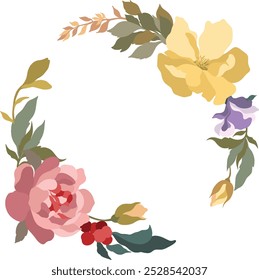 Coronas de flores, colección de flores silvestres del prado que florecen aisladas en el fondo blanco. Conjunto de Elementos de diseño florales decorativos. Ilustración vectorial botánica colorida plana