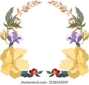 Coronas de flores, colección de flores silvestres del prado que florecen aisladas en el fondo blanco. Conjunto de Elementos de diseño florales decorativos. Ilustración vectorial botánica colorida plana