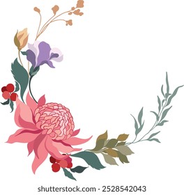 Coronas de flores, colección de flores silvestres del prado que florecen aisladas en el fondo blanco. Conjunto de Elementos de diseño florales decorativos. Ilustración vectorial botánica colorida plana