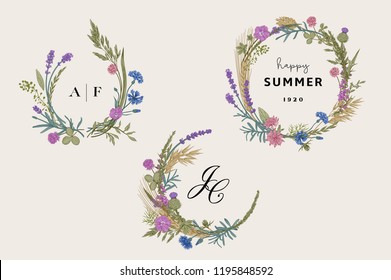 Flower wreaths. Design elements. Flowers and plants of fields and forests. Vector vintage botanical illustration.