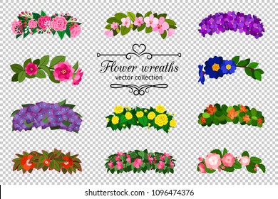 Flower wreaths set. Spring flowers wreath set isolated on transparent background, colorful springtime wedding flowering vector illustration