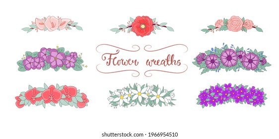 Coronas de flores. Flores de primavera. Coloridas ilustraciones del vector de bodas