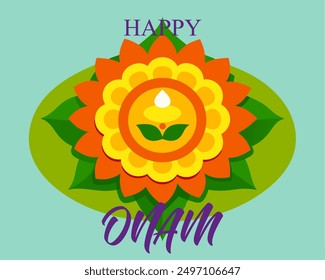 A flower with a yellow center and green leaves. The flower is surrounded by a blue circle. The word "Happy Onam" is written in purple