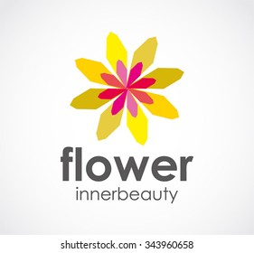 Flower of yellow circle abstract vector and logo design or template green summer business icon of company identity symbol concept