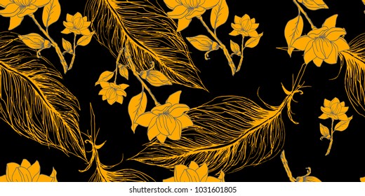 Flower yellow magnolia and feather pattern in vector, fabric, print, textile