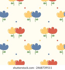 Flower yellow red blue cartoon so cute. On polka dot background. Pattern seamless vector illustration. 