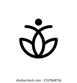 Design des Blütenzeichens und des Yoga-Logos Vektorsymbol-Grafik-Idee