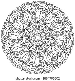 Flower zen mandala with wavy petals and hearts decor, anti stress coloring page with love motives vector illustration