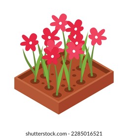 Flowerbed with blooming flowers isometric icon 3d vector illustration