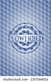 Flowerbed blue badge with geometric pattern background.