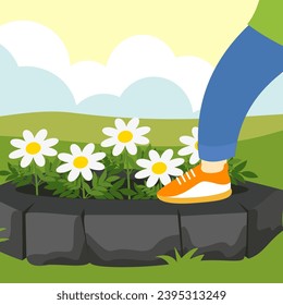 Blumenbeet mit Gänseblümchen und menschlichen Beinen. Vektorgrafik