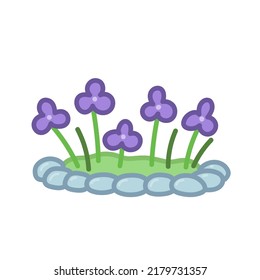 Flowerbed with flowers and decorative stones. Hand drawn illustration in cartoon style. Vector isolated on white background.